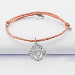 Bracelet personnalisé cordon pailleté médaille Lune zircons crépuscule gravée argent 16 mm