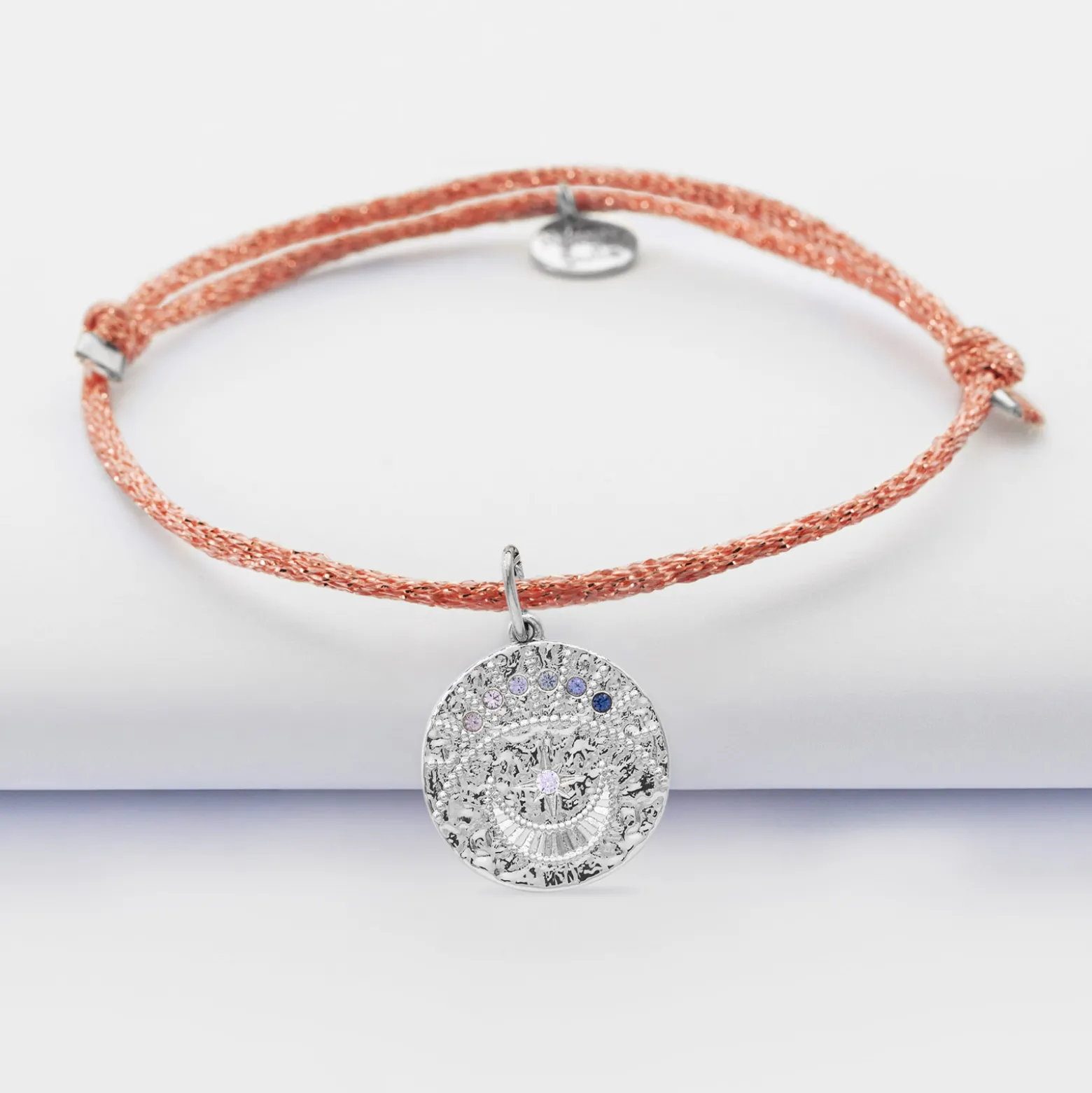 Bracelet personnalisé cordon pailleté médaille Lune zircons crépuscule gravée argent 16 mm