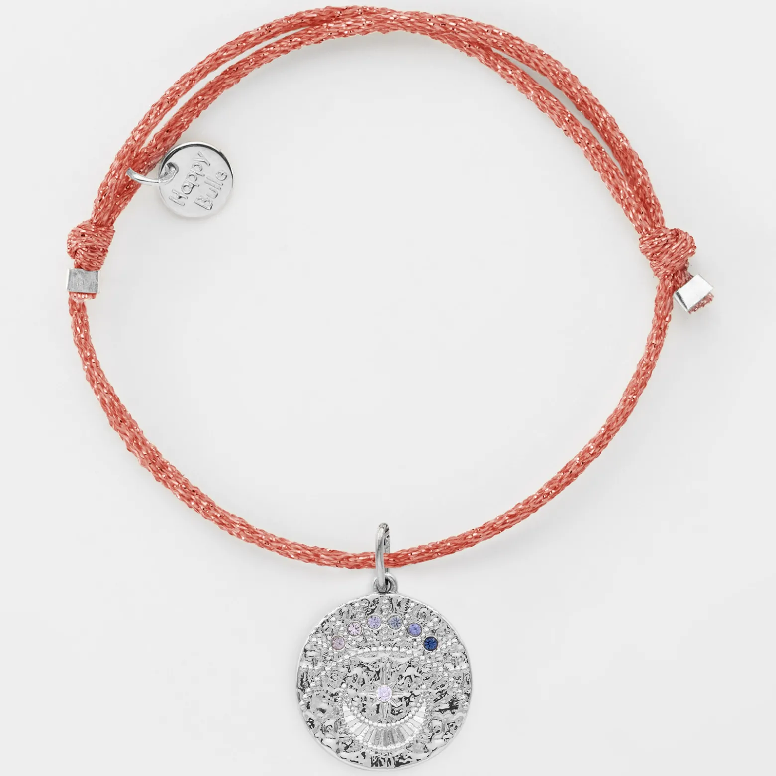 Bracelet personnalisé cordon pailleté médaille Lune zircons crépuscule gravée argent 16 mm
