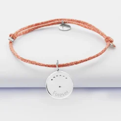 Bracelet personnalisé cordon pailleté médaille Lune zircons crépuscule gravée argent 16 mm