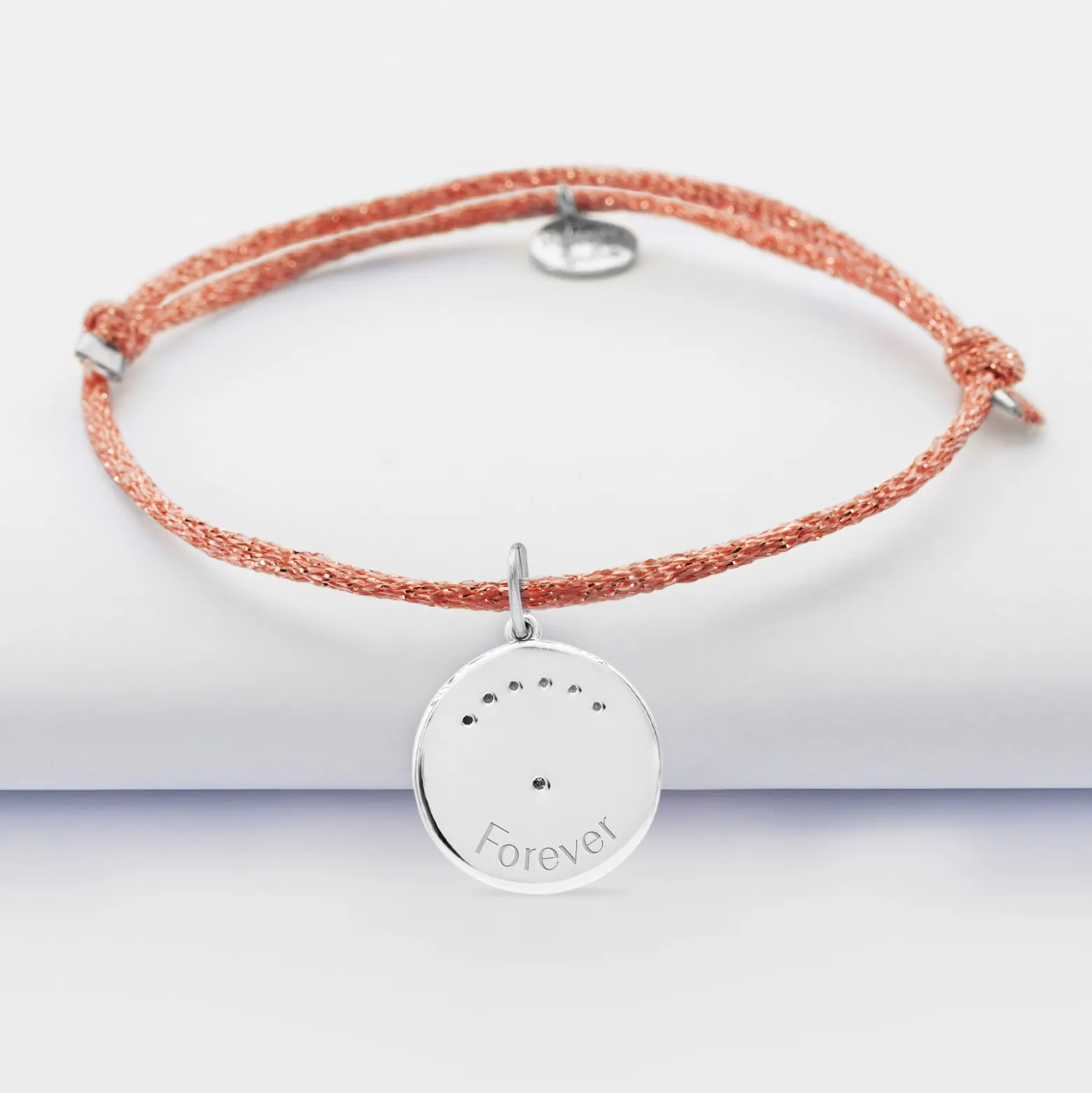 Bracelet personnalisé cordon pailleté médaille Lune zircons crépuscule gravée argent 16 mm