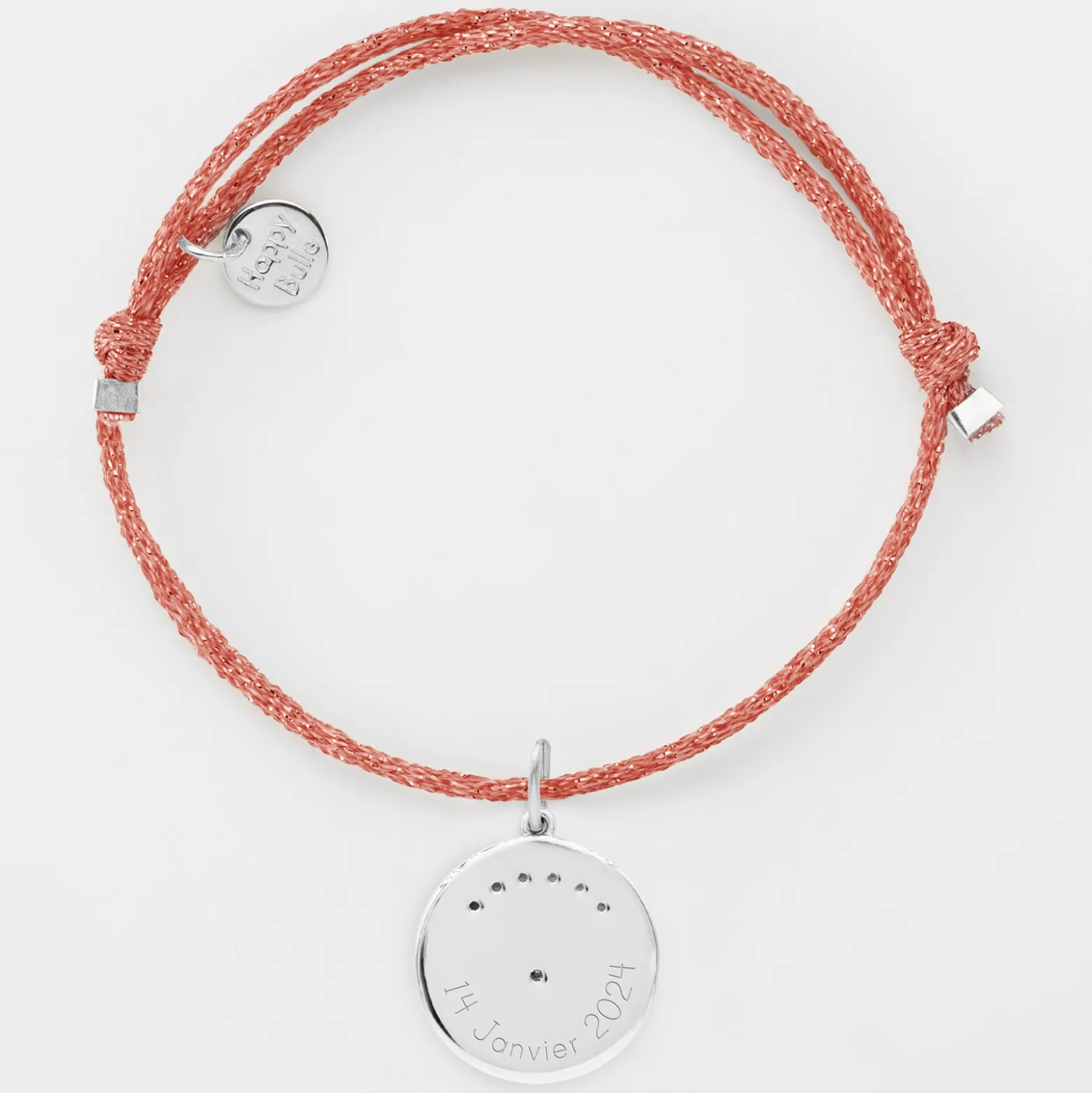 Bracelet personnalisé cordon pailleté médaille Lune zircons crépuscule gravée argent 16 mm