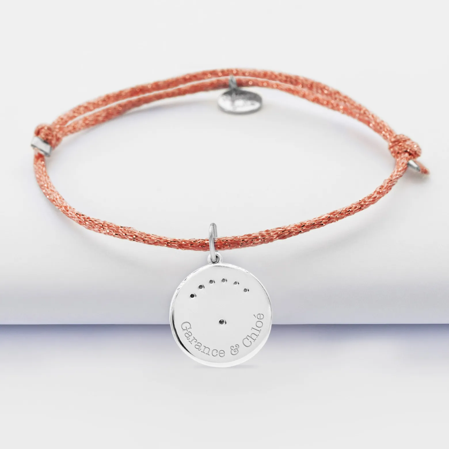 Bracelet personnalisé cordon pailleté médaille Lune zircons crépuscule gravée argent 16 mm