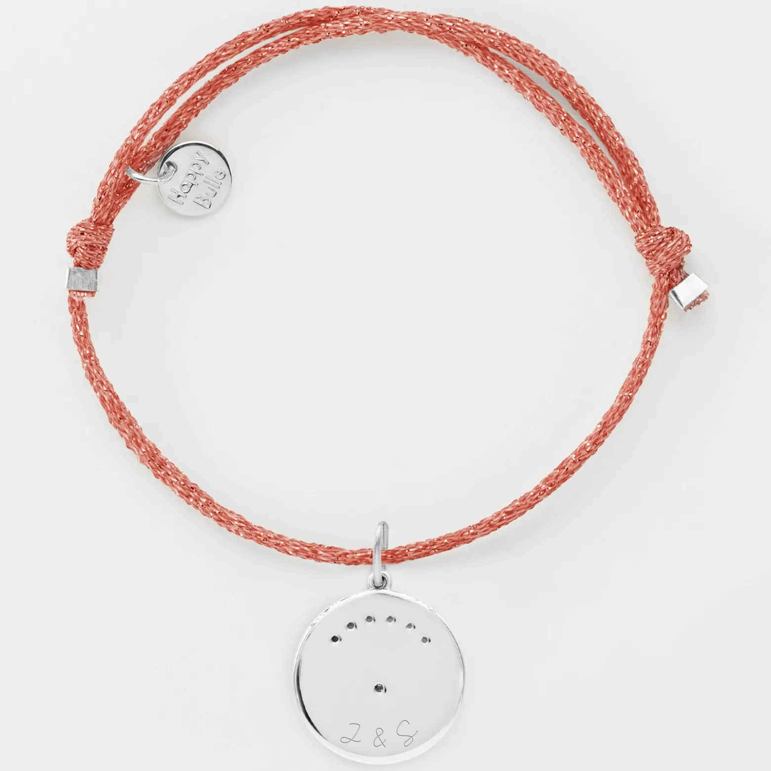 Bracelet personnalisé cordon pailleté médaille Lune zircons crépuscule gravée argent 16 mm