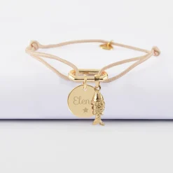 Bracelet personnalisé cordon mousqueton 17x11 mm médaille gravée plaqué or 15 mm et breloque(s) summer - à composer