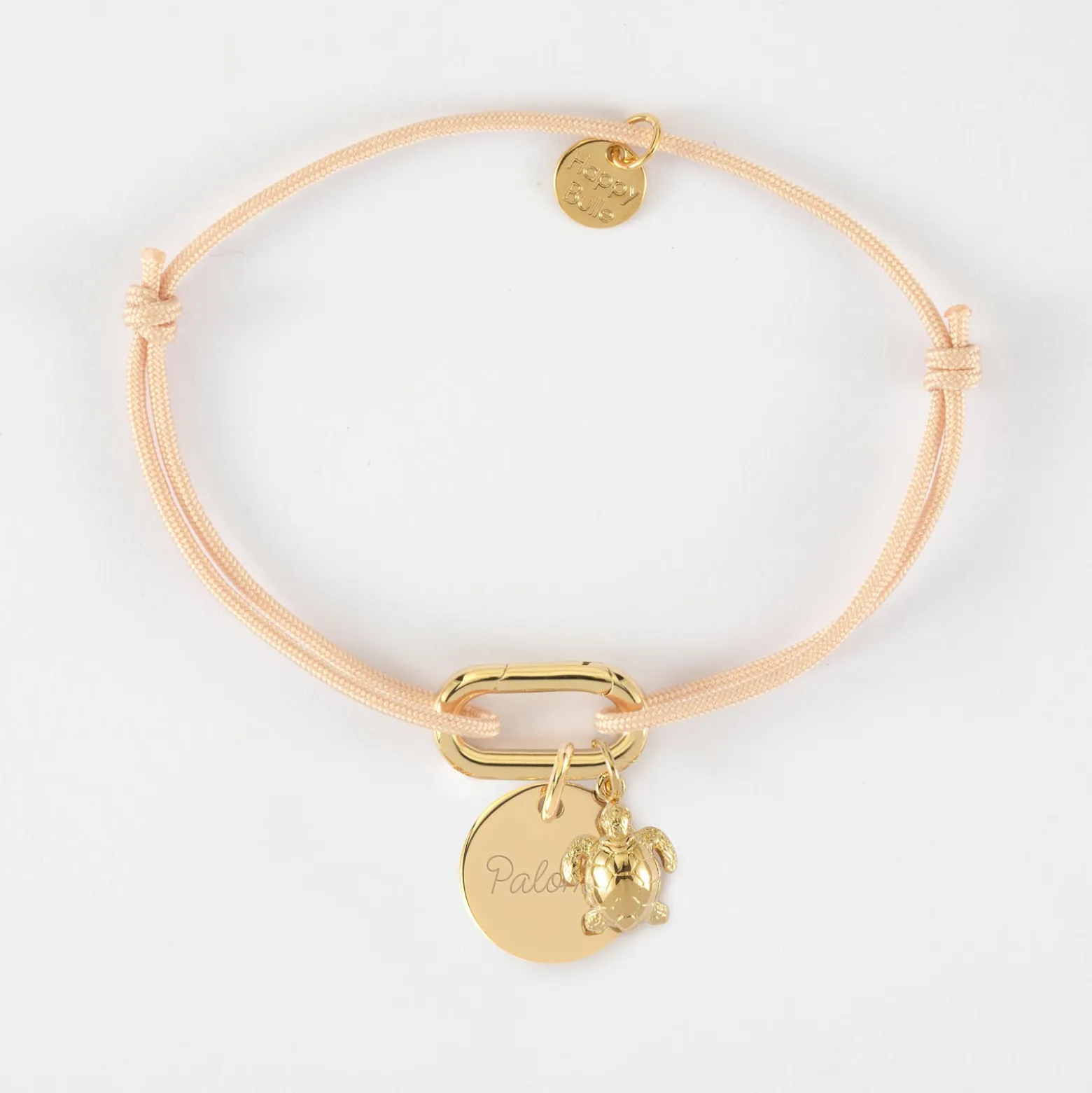 Bracelet personnalisé cordon mousqueton 17x11 mm médaille gravée plaqué or 15 mm et breloque(s) summer - à composer