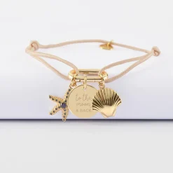 Bracelet personnalisé cordon mousqueton 17x11 mm médaille gravée plaqué or 15 mm et breloque(s) summer - à composer
