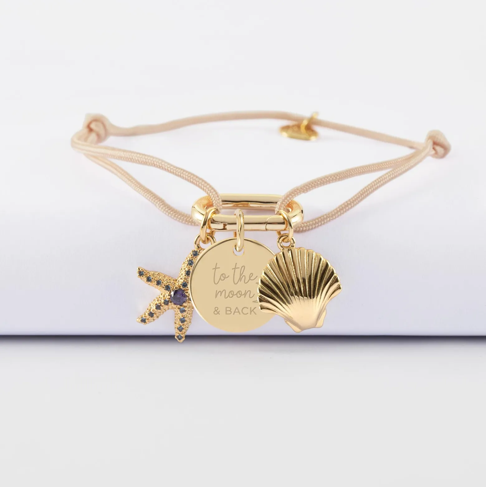 Bracelet personnalisé cordon mousqueton 17x11 mm médaille gravée plaqué or 15 mm et breloque(s) summer - à composer