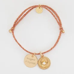 Bracelet personnalisé cordon pailleté médaille gravée plaqué or 15 mm et breloque tournesol scintillant 14 mm