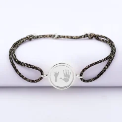 Bracelet personnalisé cordon pailleté médaille réversible Eternelle gravée argent 2 trous 16 mm