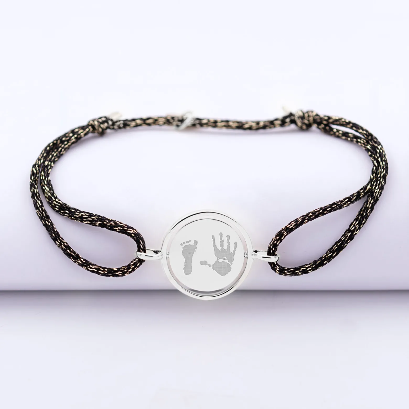 Bracelet personnalisé cordon pailleté médaille réversible Eternelle gravée argent 2 trous 16 mm