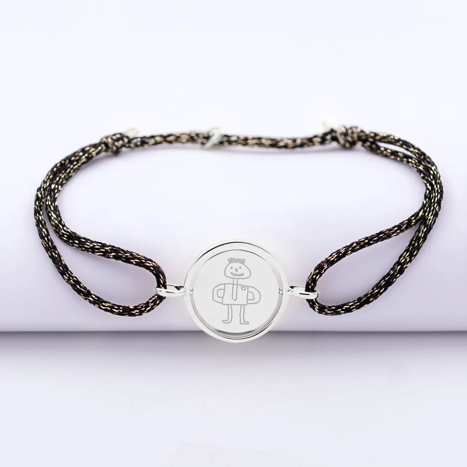 Bracelet personnalisé cordon pailleté médaille réversible Eternelle gravée argent 2 trous 16 mm