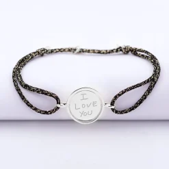 Bracelet personnalisé cordon pailleté médaille réversible Eternelle gravée argent 2 trous 16 mm