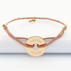 Bracelet personnalisé cordon pailleté médaille gravée plaqué or cible 20 mm