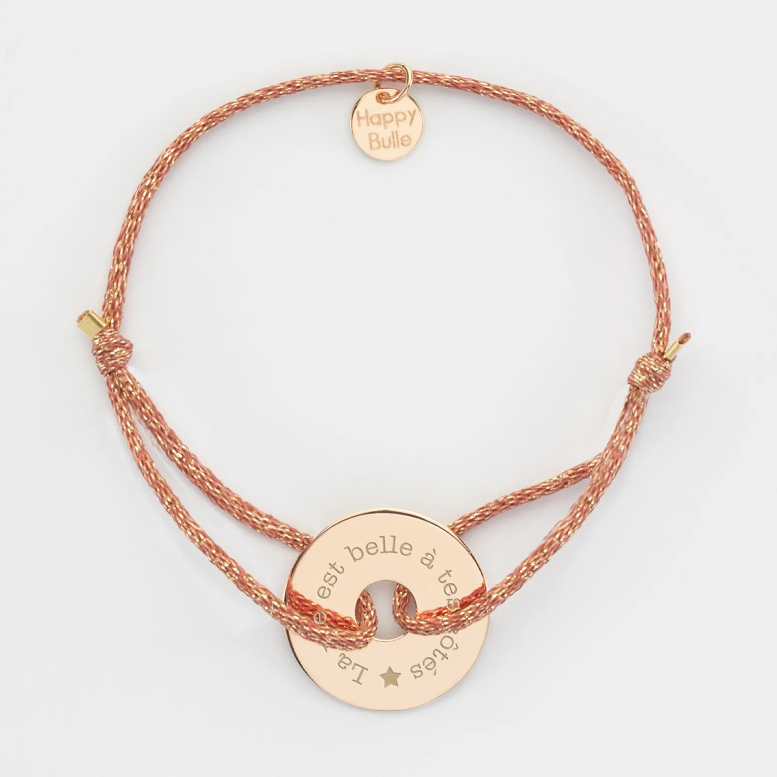 Bracelet personnalisé cordon pailleté médaille gravée plaqué or cible 20 mm