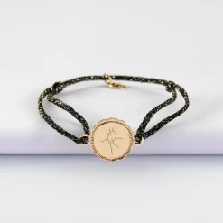 Bracelet personnalisé cordon pailleté médaille contour fleur gravée plaqué or 2 trous 15 mm