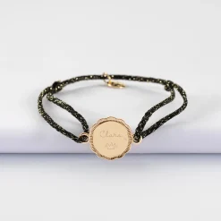 Bracelet personnalisé cordon pailleté médaille contour fleur gravée plaqué or 2 trous 15 mm
