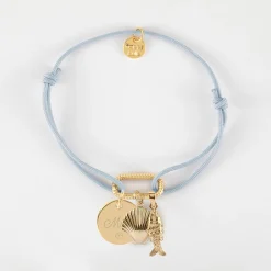 Bracelet personnalisé cordon mousqueton perle 17x11 mm médaille gravée plaqué or 15 mm et breloque(s) summer - à composer