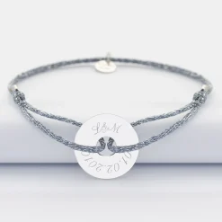 Bracelet personnalisé cordon pailleté médaille gravée argent cible 20 mm
