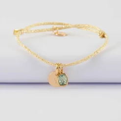 Bracelet personnalisé cordon pailleté médaille gravée plaqué or 10 mm et breloque rectangle zircon plaqué or 9 mm