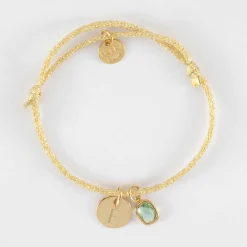 Bracelet personnalisé cordon pailleté médaille gravée plaqué or 10 mm et breloque rectangle zircon plaqué or 9 mm