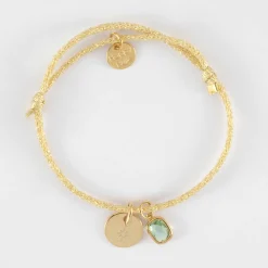 Bracelet personnalisé cordon pailleté médaille gravée plaqué or 10 mm et breloque rectangle zircon plaqué or 9 mm
