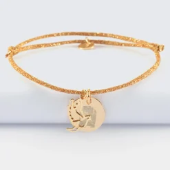Bracelet personnalisé cordon pailleté médaille gravée plaqué or 15 mm et breloque colombe 18 mm