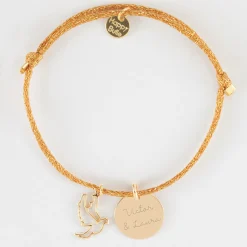 Bracelet personnalisé cordon pailleté médaille gravée plaqué or 15 mm et breloque colombe 18 mm