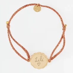 Bracelet personnalisé cordon pailleté médaille contour fleur gravée plaqué or 2 trous 18 mm