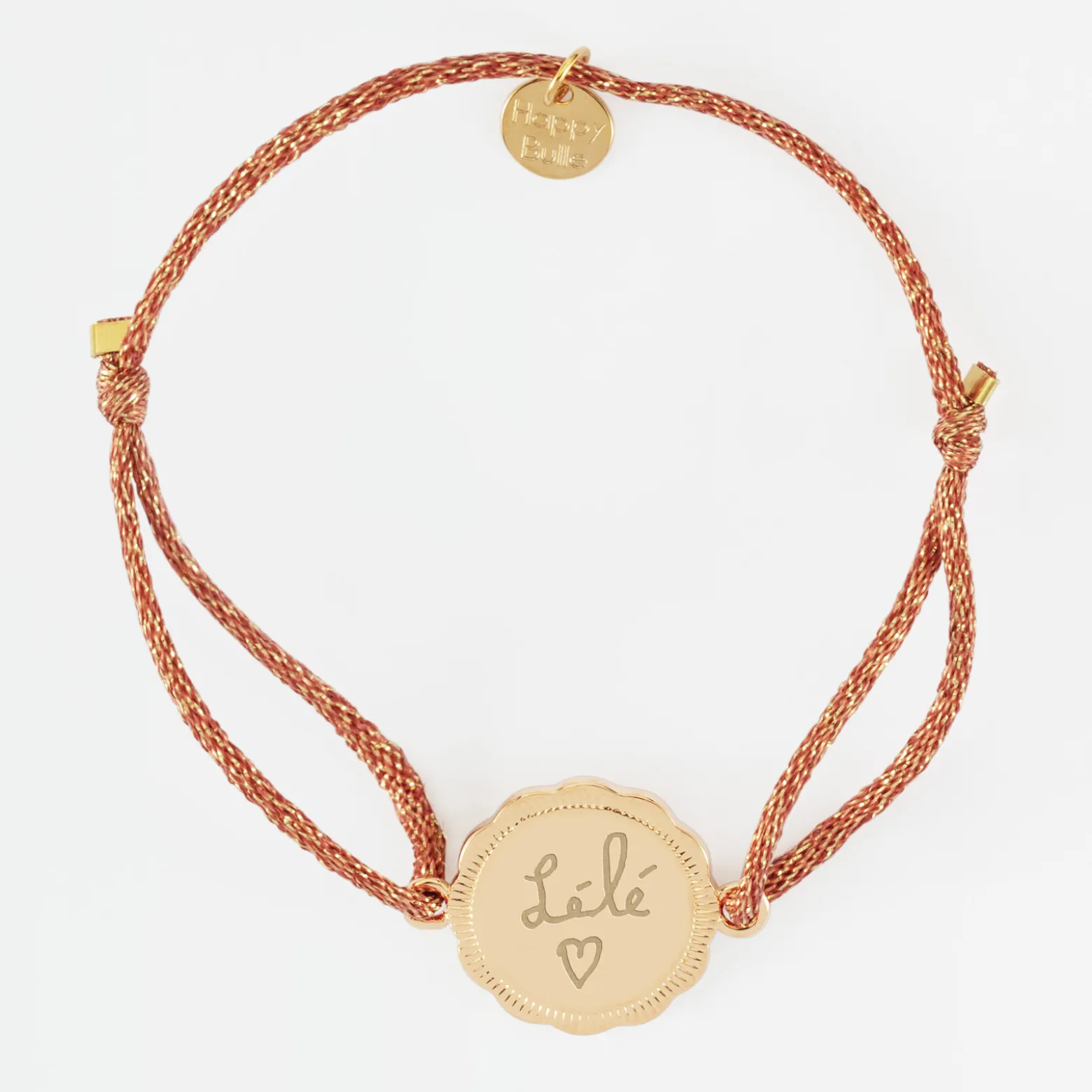 Bracelet personnalisé cordon pailleté médaille contour fleur gravée plaqué or 2 trous 18 mm