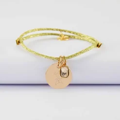 Bracelet personnalisé cordon pailleté médaille gravée plaqué or 15 mm et breloque rectangle zircon plaqué or 9 mm