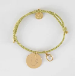 Bracelet personnalisé cordon pailleté médaille gravée plaqué or 15 mm et breloque rectangle zircon plaqué or 9 mm