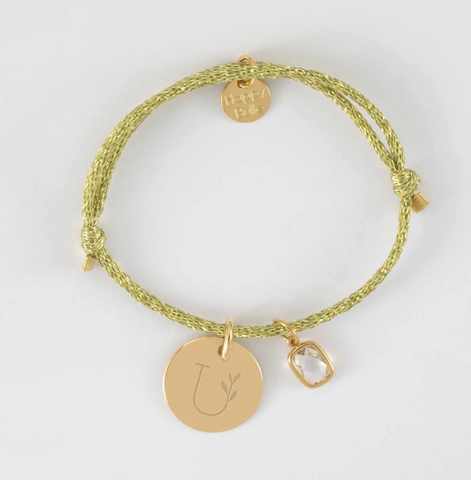 Bracelet personnalisé cordon pailleté médaille gravée plaqué or 15 mm et breloque rectangle zircon plaqué or 9 mm