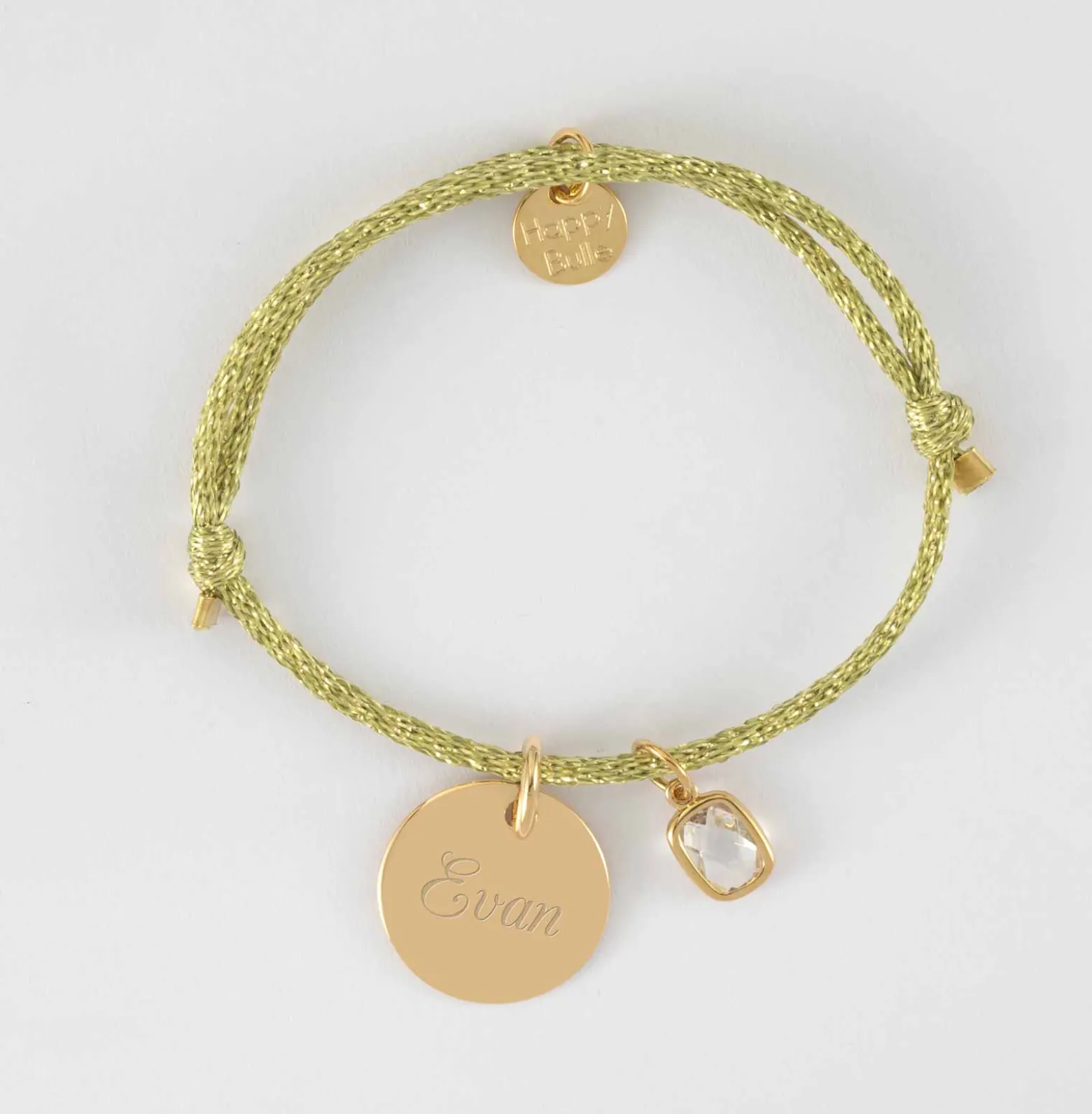 Bracelet personnalisé cordon pailleté médaille gravée plaqué or 15 mm et breloque rectangle zircon plaqué or 9 mm