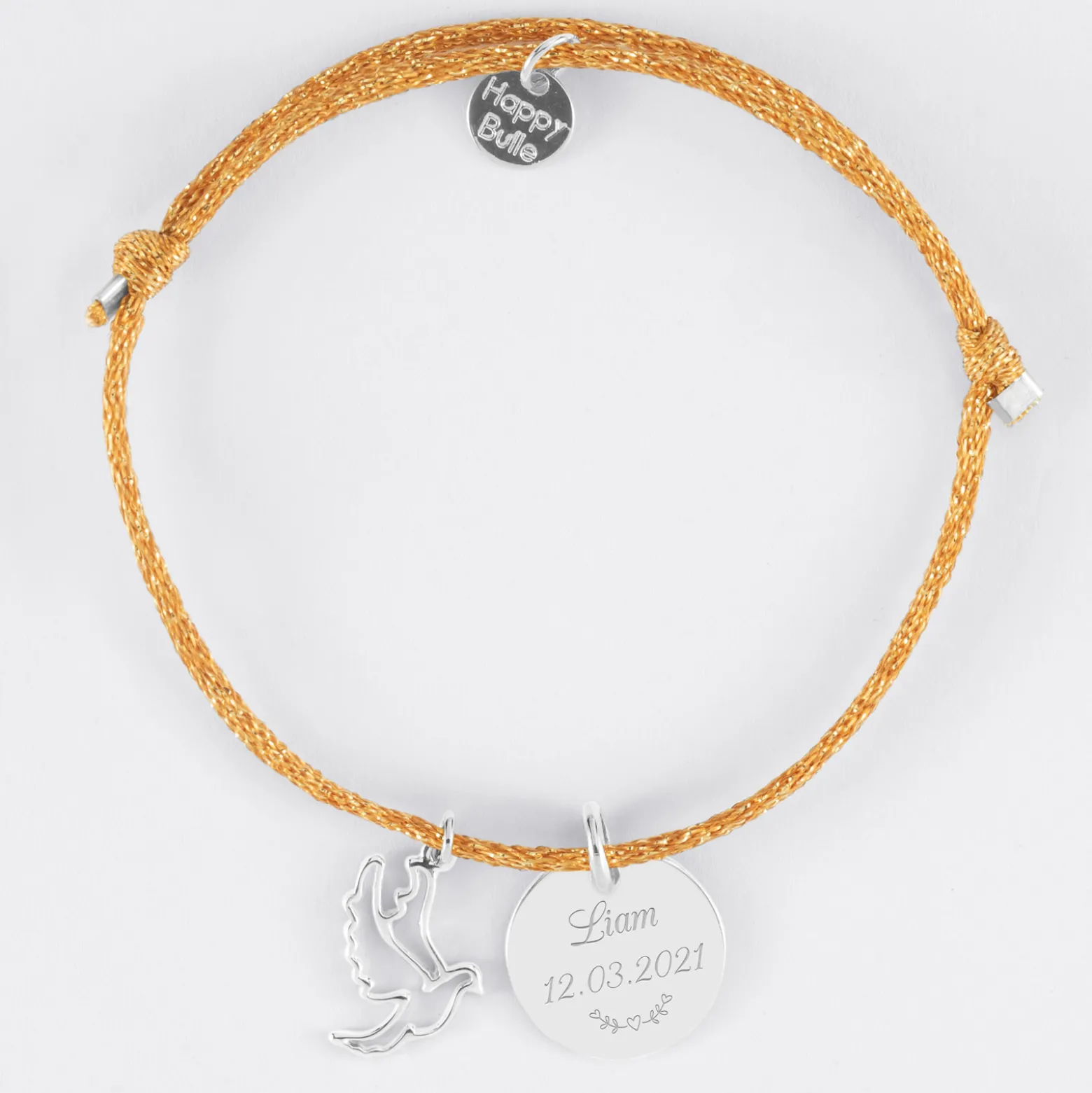 Bracelet personnalisé cordon pailleté médaille gravée argent 15 mm et breloque colombe 18 mm