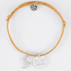 Bracelet personnalisé cordon pailleté médaille gravée argent 15 mm et breloque colombe 18 mm