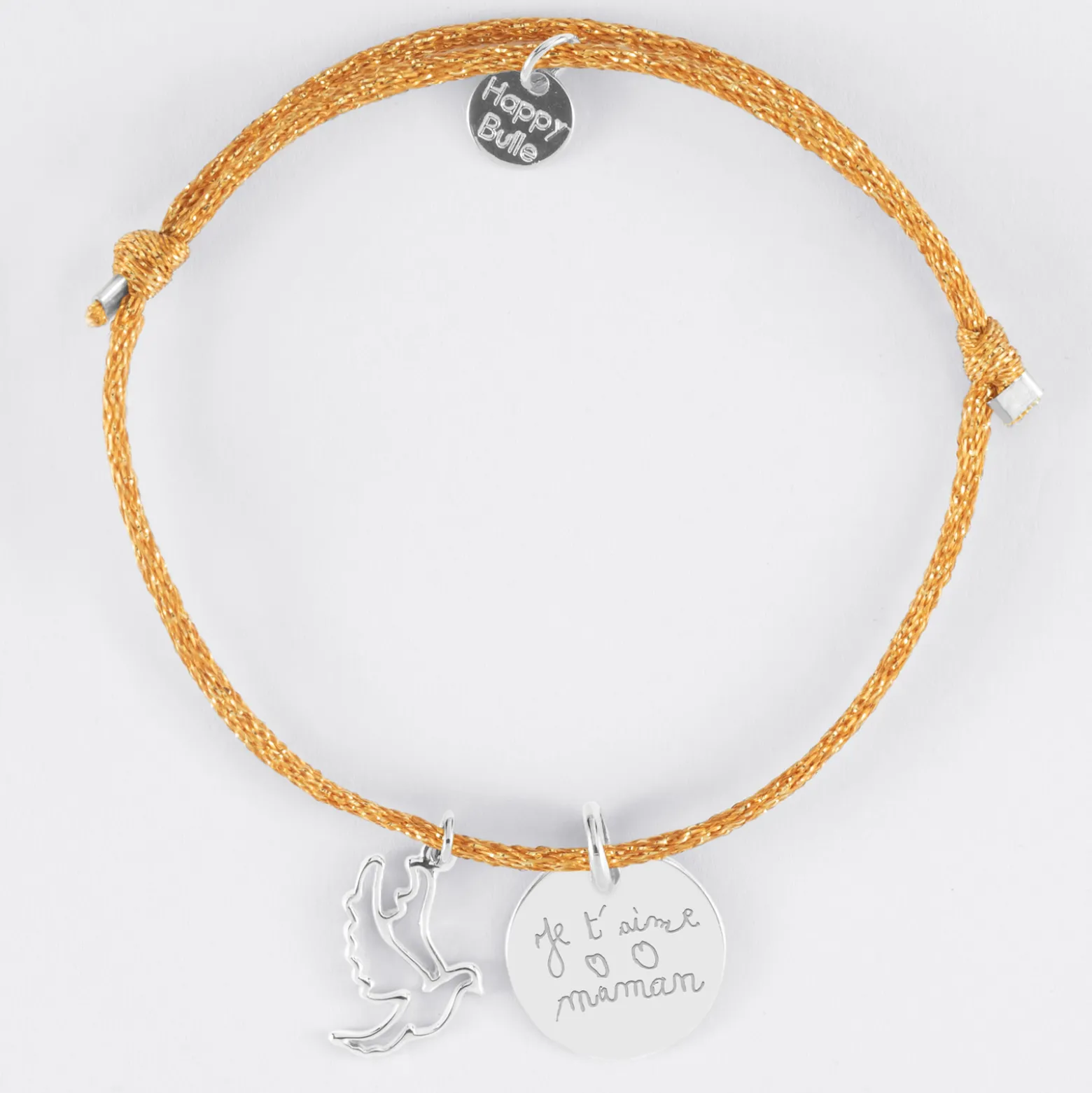 Bracelet personnalisé cordon pailleté médaille gravée argent 15 mm et breloque colombe 18 mm