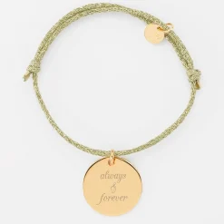 Bracelet personnalisé cordon pailleté médaille gravée plaqué or 19 mm