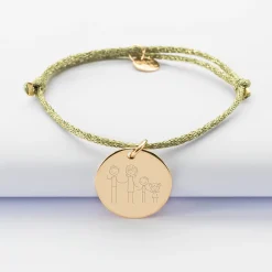 Bracelet personnalisé cordon pailleté médaille gravée plaqué or 19 mm