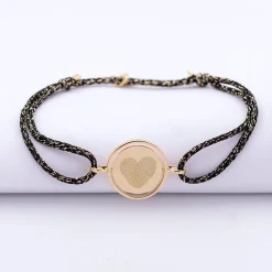 Bracelet personnalisé cordon pailleté médaille réversible Eternelle gravée plaqué or 2 trous 16 mm