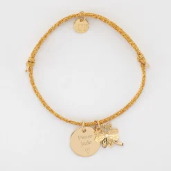 Bracelet personnalisé cordon pailleté médaille gravée plaqué or 15 mm et breloque trèfle scintillant 15 mm
