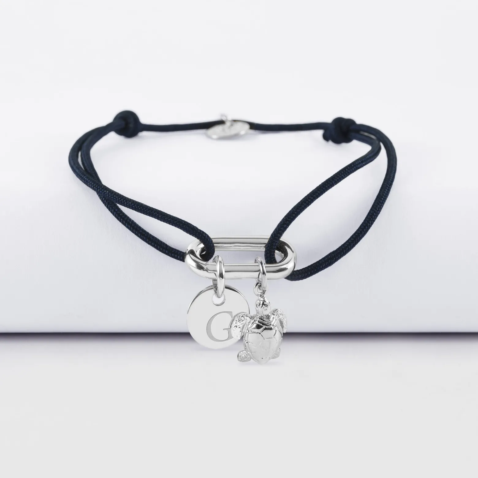 Bracelet personnalisé cordon mousqueton 17x11 mm médaille gravée argent 10 mm et breloque(s) summer - à composer