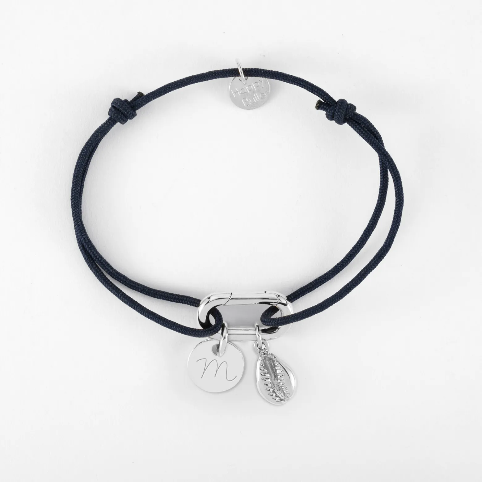 Bracelet personnalisé cordon mousqueton 17x11 mm médaille gravée argent 10 mm et breloque(s) summer - à composer