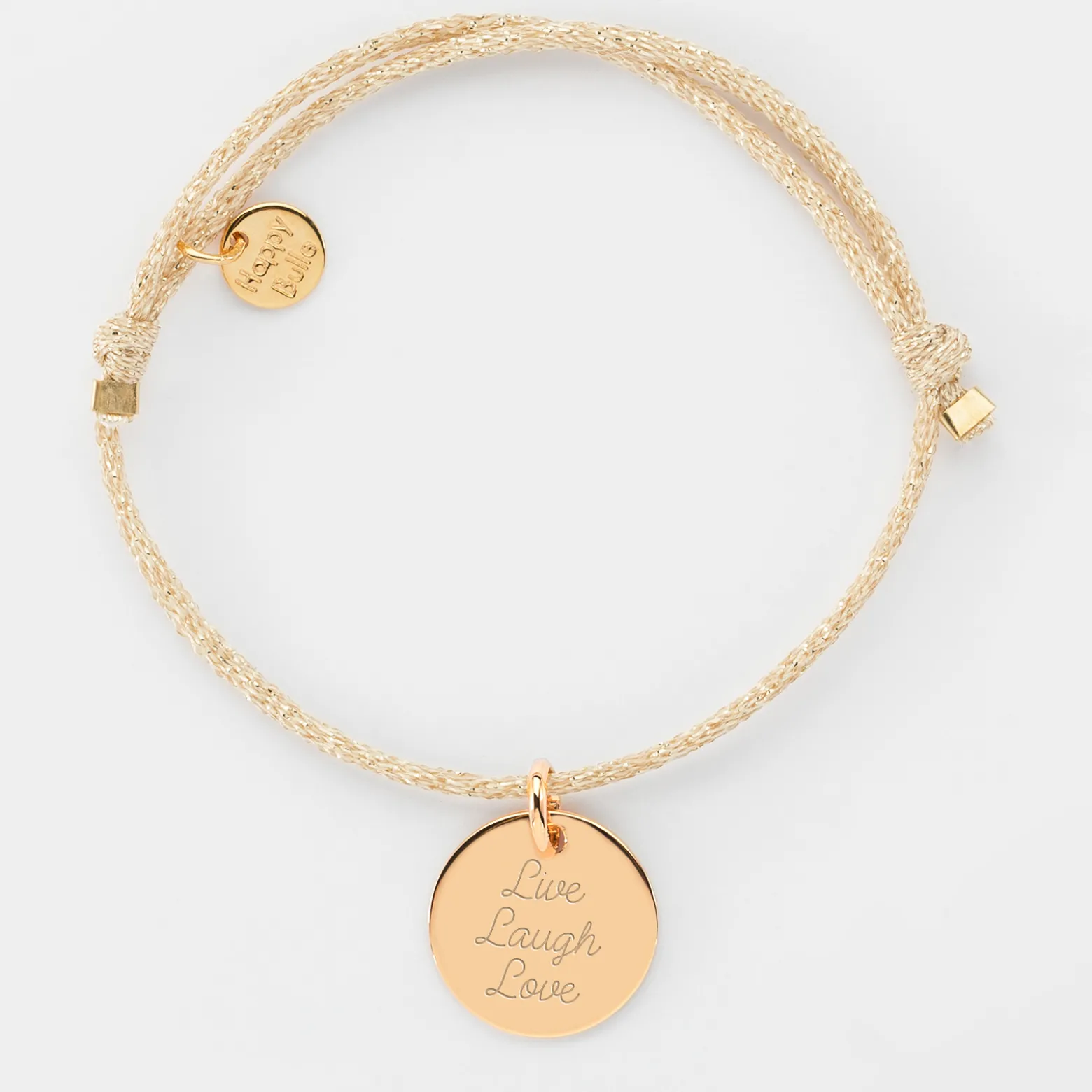 Bracelet personnalisé cordon pailleté médaille gravée plaqué or 15 mm