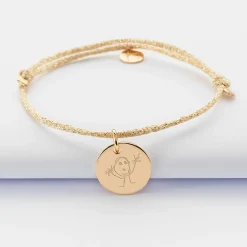 Bracelet personnalisé cordon pailleté médaille gravée plaqué or 15 mm