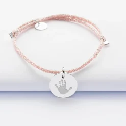 Bracelet personnalisé cordon pailleté médaille gravée argent 15 mm