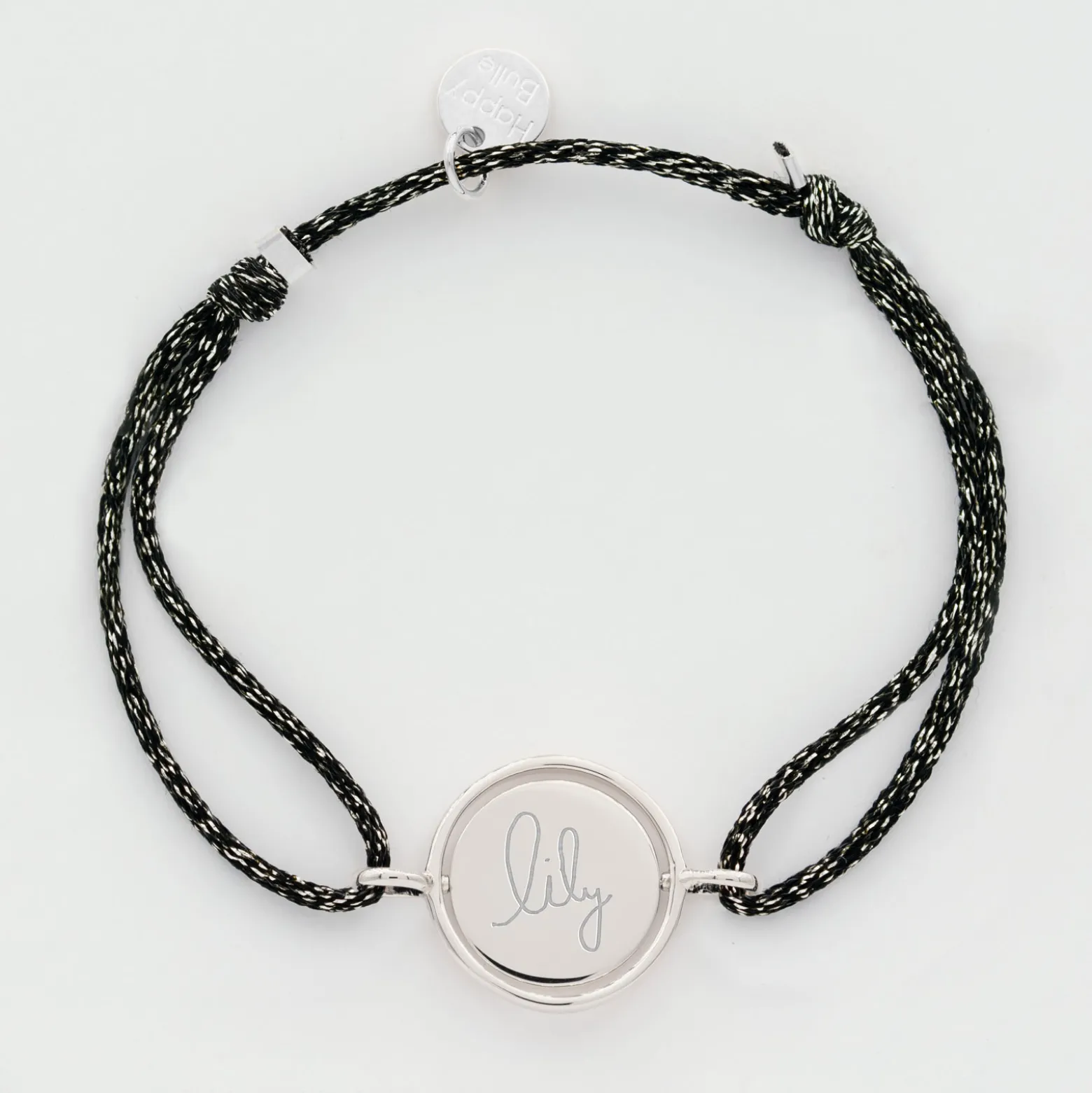 Bracelet personnalisé cordon pailleté médaille réversible Eternelle gravée argent 2 trous 16 mm - HappyBulle x Capucine