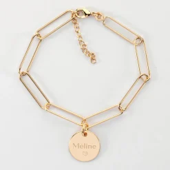 Bracelet personnalisé grandes mailles médaille gravée plaqué or 15 mm