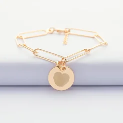Bracelet personnalisé grandes mailles médaille gravée plaqué or 15 mm