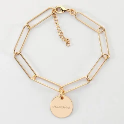 Bracelet personnalisé grandes mailles médaille gravée plaqué or 15 mm